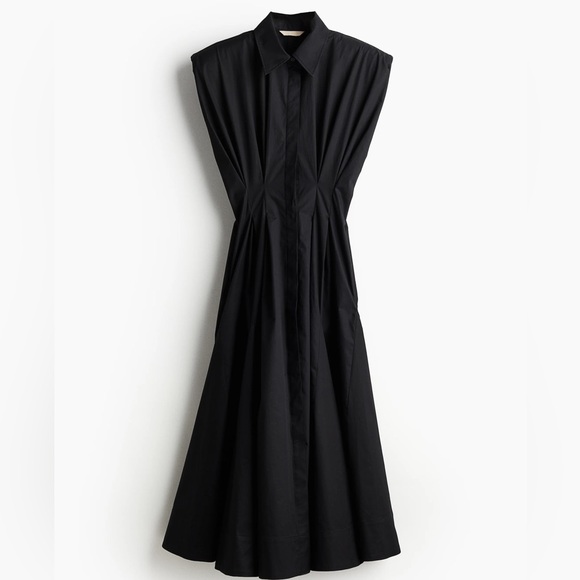 H & M SHIRT DRESS WITH TAPERED WAIST MIDI Length Black Poplin Cotton XSMALL NWT - Picture 1 of 8